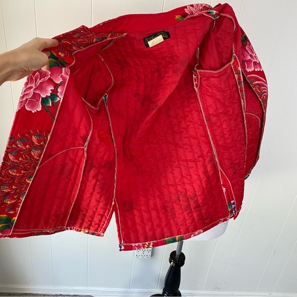 VTG Floral Peacock Mandarin Collar Jacket M 18”PTP Red Boho Chic Retro Artsy - Picture 9 of 16